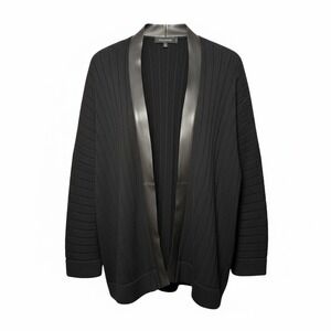 CIVIDINI Italy Cashmere Cardigan Black Leather Trim Sz XL (IT 48) Ribbed Luxury